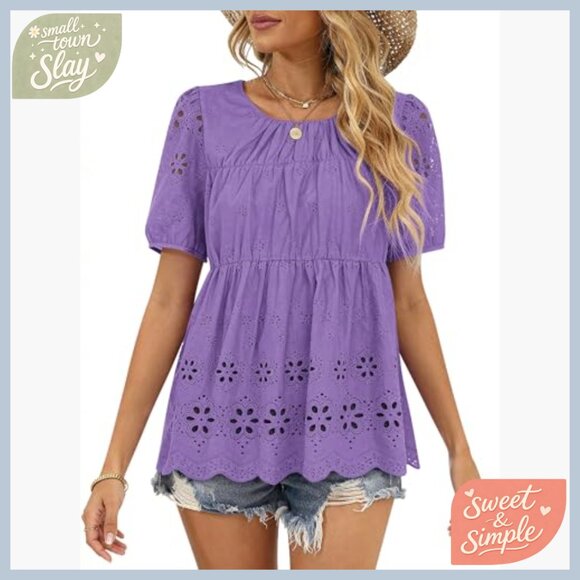 Loose Fit Babydoll Top Embroidered Eyelet Summer Blouse Short Sleeve - Picture 2 of 5